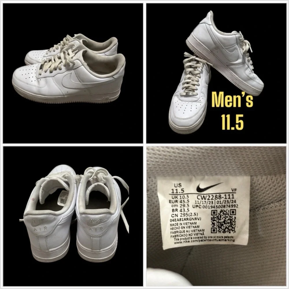 Men’s Nike Air Force AF1 Size 11.5 Swoosh Leather Shoe Sneaker Triple White
